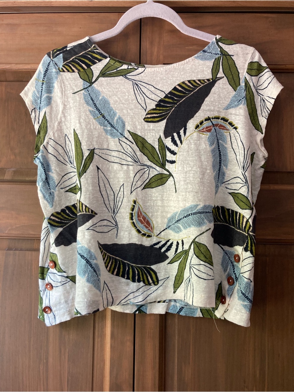 Tahari Off-White & Leafy Print Linen SS Top Large
